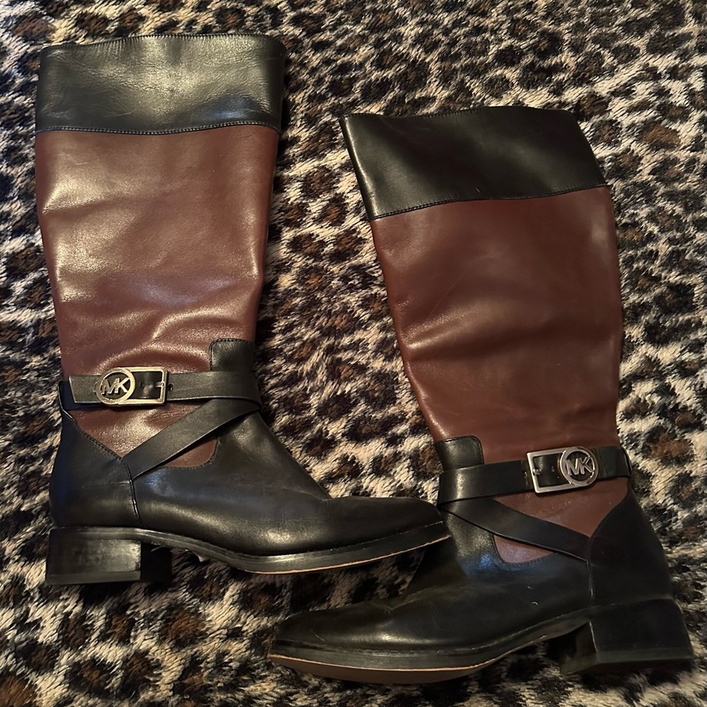 49. Michael Kors Boots Silver Buckle MK Emblem Black & Brown Color- Brand New